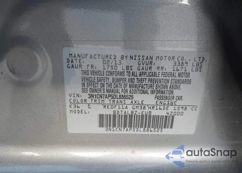 2013 Nissan Versa 1.6 Sv из США, поврежденный, VIN 3N1CN7AP5DL886525